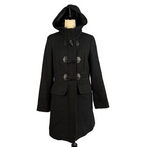 Black Textured Toggle Hooded Wool Blend Coat Women Large Knit Winter‎ Classic